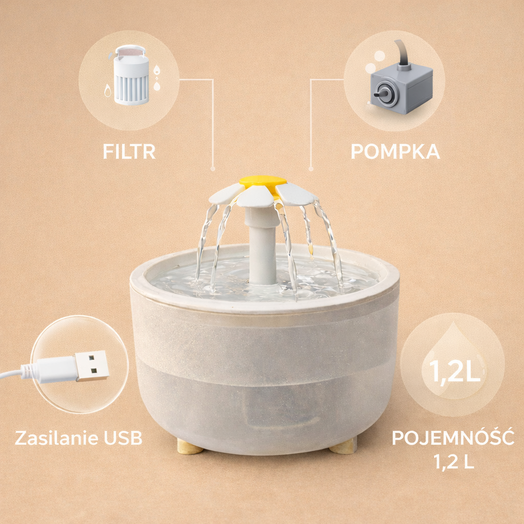Fontanna do wody dla kota 1,2L - cicha, filtrująca, USB